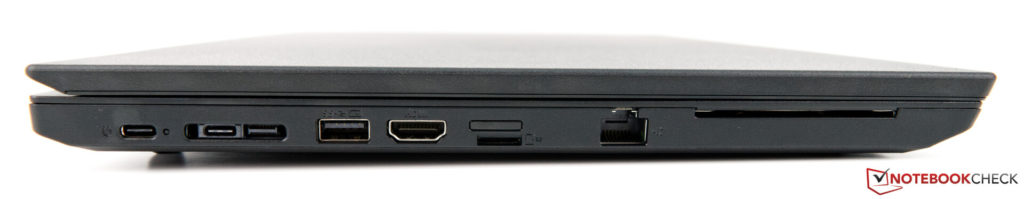 Phía bên trái: USB Type-C Gen2, USB Type-C Gen1 & kết nối mạng, USB 3.1 Type-A, HDMI 1.4b, khe cắm thẻ nano-SIM, đầu đọc thẻ nhớ microSD, LAN, Smart Card