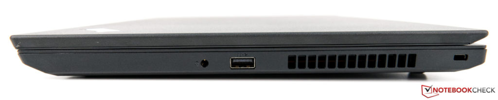 Phía bên tay phải: giắc cắm 3,5 mm, cổng USB 3.1 Loại A, khóa bảo vệ
